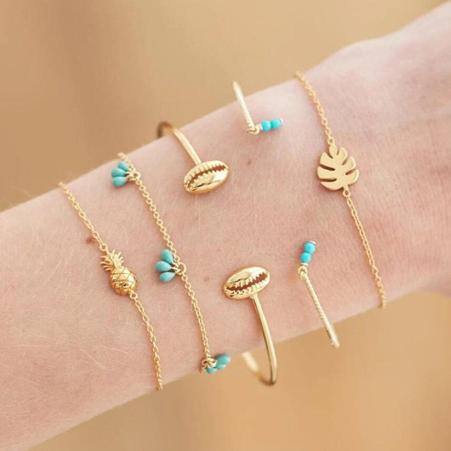 Многослойный зеленый камень Бусины Набор браслетов ананас оболочки листьев Шарм