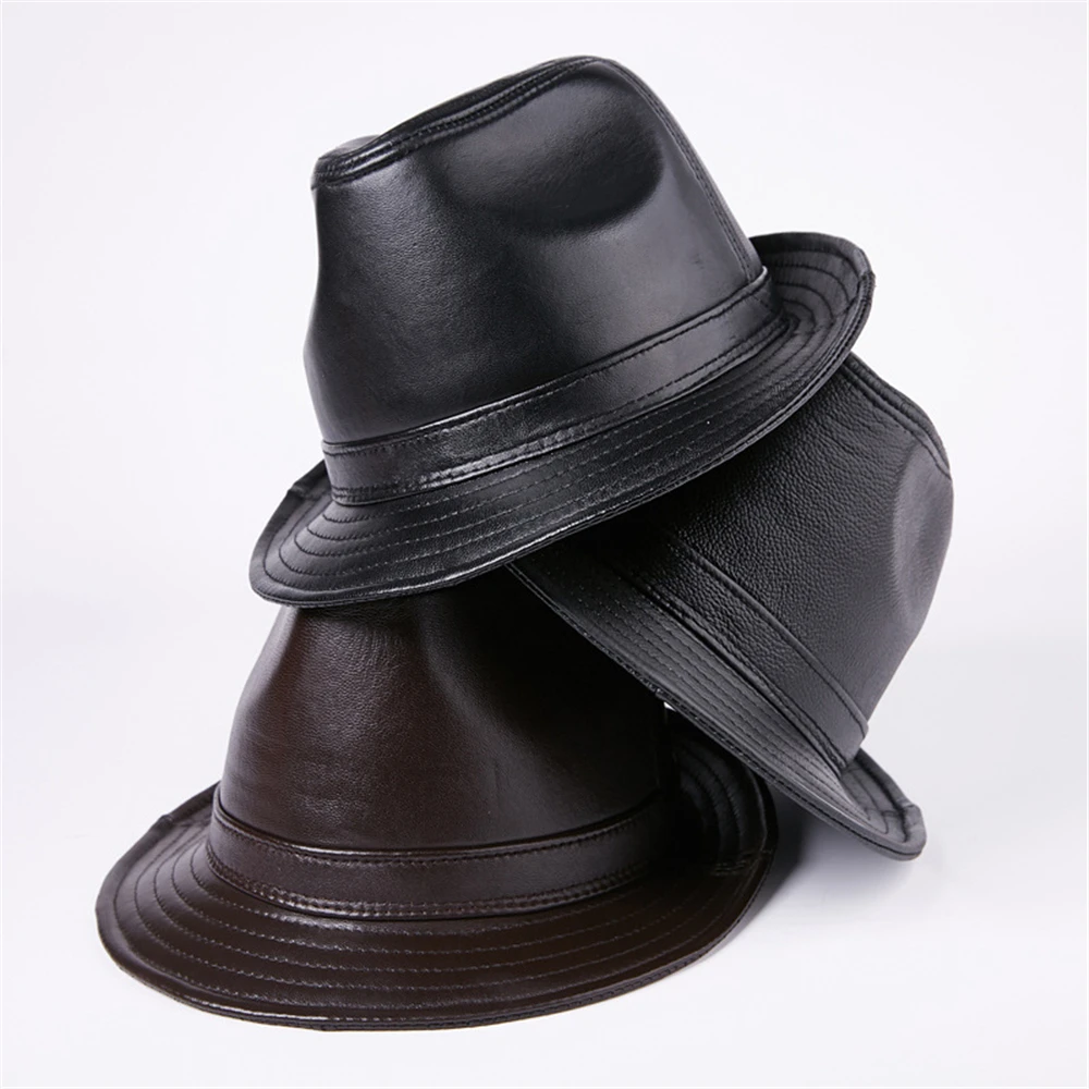 LA SPEZIA Men Fedora Hat Real Leather Sheepskin Dark Brown Jazz Hat Male Autumn Winter High Quality Men's Flat Top Cap