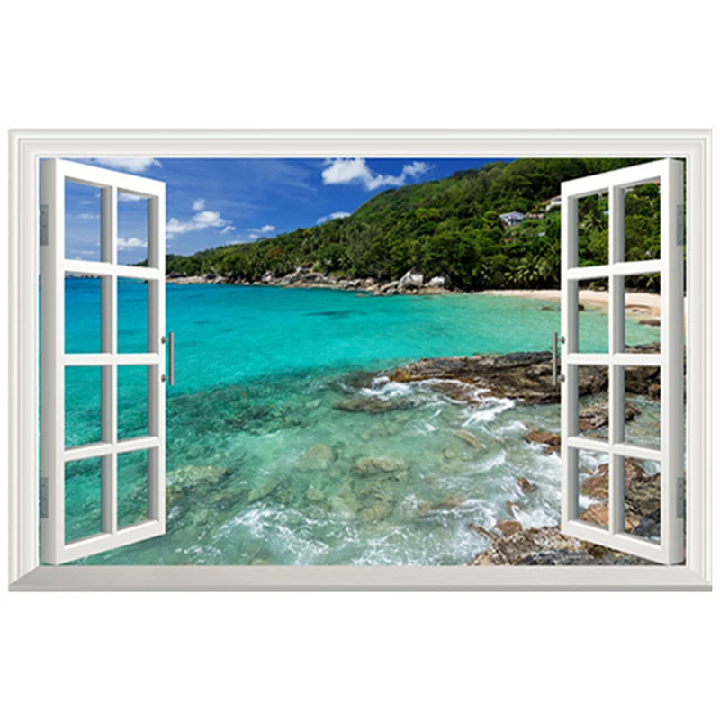 Sea view fake window mural green Mountains clear Water 3d vinyl wall stickers home decoration scenery poster wallpaper 90*60cm | Дом и сад