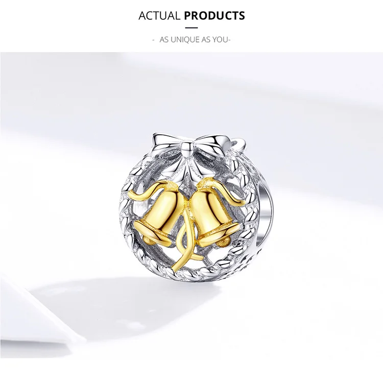 Bamoer, Рождественский колокольчик, круглый металлический Бисер для женщин, изготовление ювелирных изделий, 925, стальное кольцо, серебряный шарм, подходит для браслета, сделай сам, Bijoux SCC1358