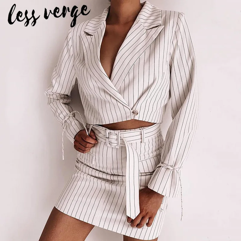 

lessverge White striped women two piece set dress V neck blazer crop tops mini skirts Elegant office ladies 2 piece suit outfits