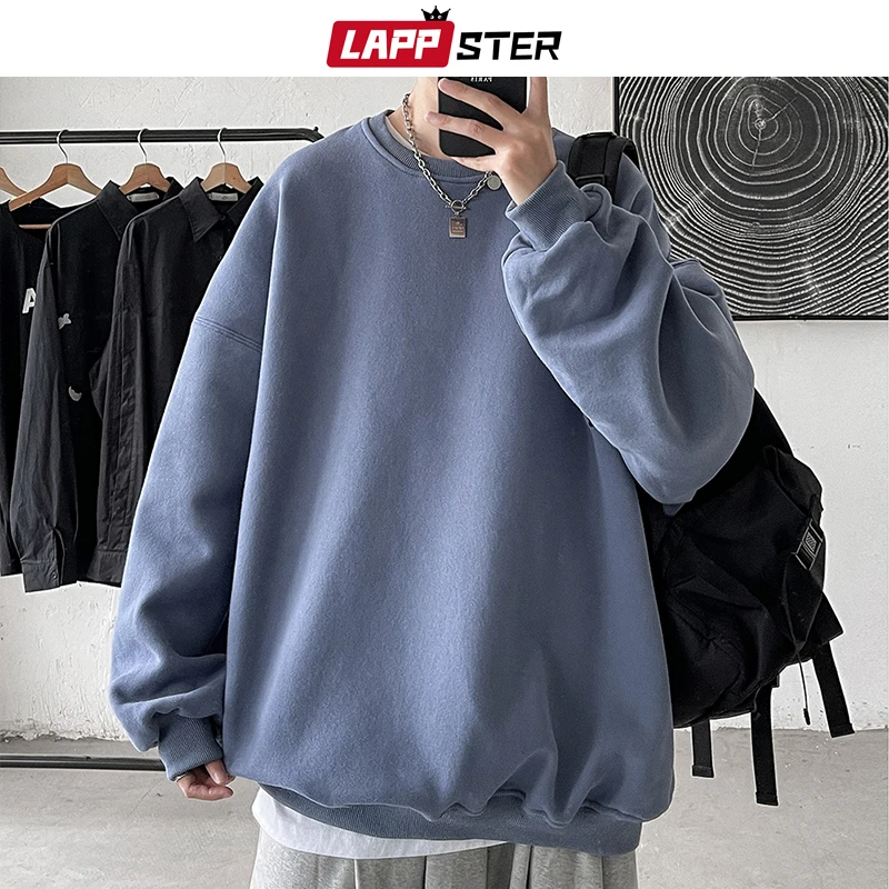 LAPPSTER 남성용 컬러풀 블랙 솔리드 후드, 오버사이즈 일본 스트리트웨어 스웻셔츠, 하라주쿠 크루넥 후디, 5XL, 2023