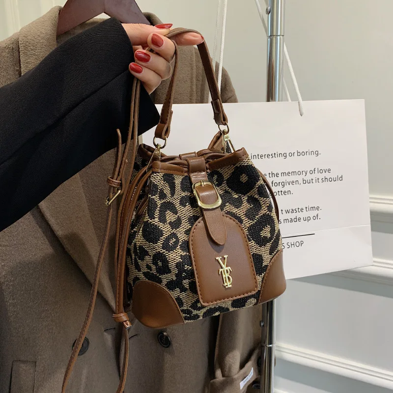 Women's Bag New Thousand Bird Lattice Bucket Bag Woolen Foreign Style Contrast Color Single Shoulder Messenger