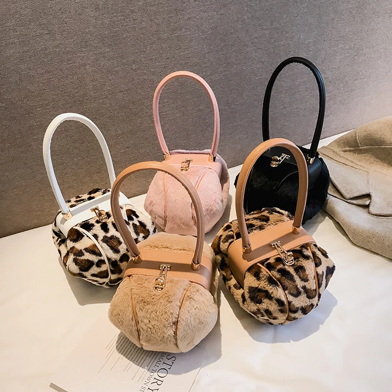 

Retro Leopard Small Round Women Handbags Ladies Tote Dinner Party Lock Hasp Bag Brand Design Plush Purse High Quality Clutch