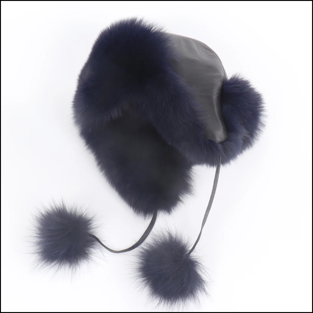 Новая русская Женская Настоящая овчина кожаные кепки зимняя женская теплая шапка из натурального Лисьего меха уличные женские настоящие меховые шапки-бомберы