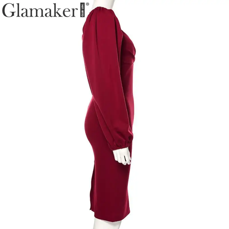 Glamaker винтажное платье с v-образным вырезом и пышными рукавами, облегающее платье с длинным рукавом, элегантное женское платье осень-зима, женские вечерние платья, сексуальное длинное платье