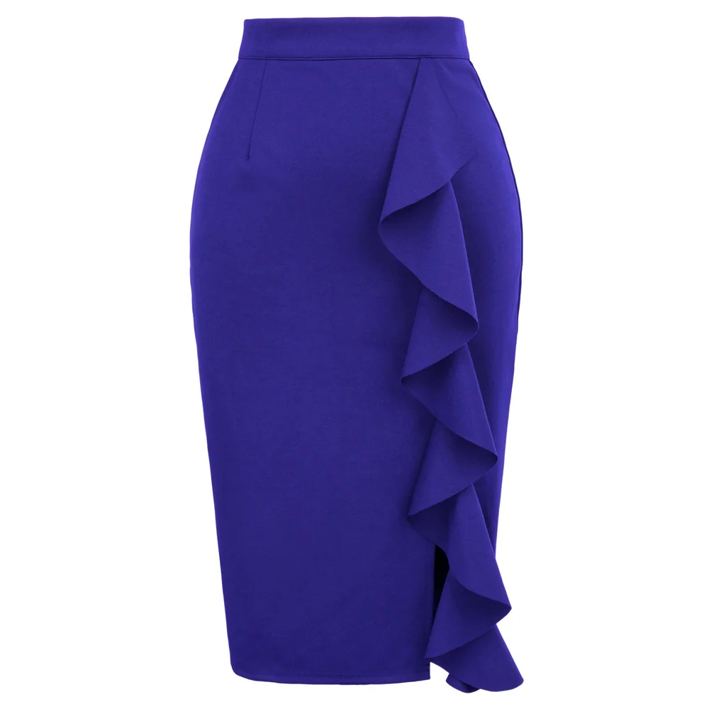 Medium Blue Grace Karin женские, элегантные, Обтягивающие юбки и крупными складками Украшенные Разделение спереди бедра-завернутый юбка-карандаш женские одноцветные юбки - Color: Medium Blue