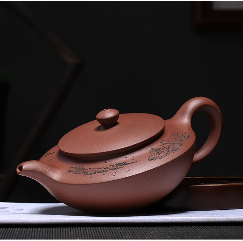 Yixing Clay Tea Set Manufacturers Wholesale tan quan hai Lettering Raw Ore Purple Clay han dynasty Flat Kettle Entirely Handmade