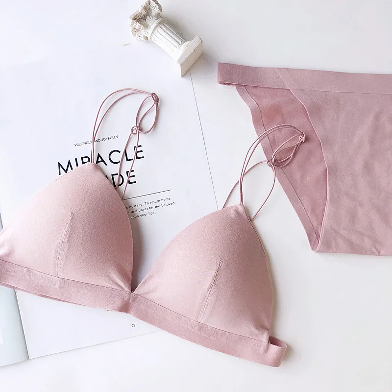 pink bra Wriufred, простой модальный хлопковый комплект нижнего белья, тонкие бретельки, собранный сексуальный бюстгальтер и трусики, удобный треугольный бюстгальтер - Цвет: pink bra