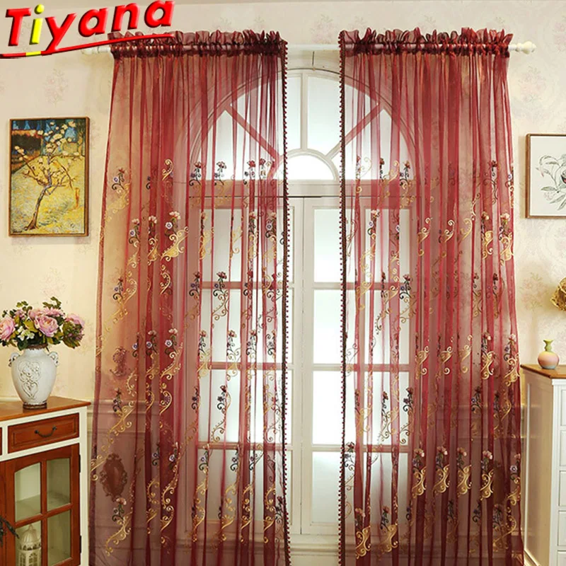 

Hotel with Golden Embroidered Wine Red Tulle Curtains Geometric Flower Embroidery Curtains for Living Room X-WP047#40
