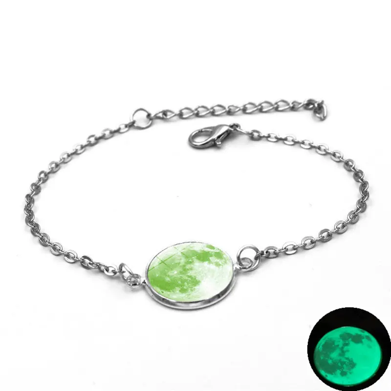 8 glow green Светится в темноте шармы браслет со стеклянным кабошоном серая луна светящиеся украшения Серебряная цепочка звено браслеты для женщин подарок для девочек - Окраска металла: 8 glow green