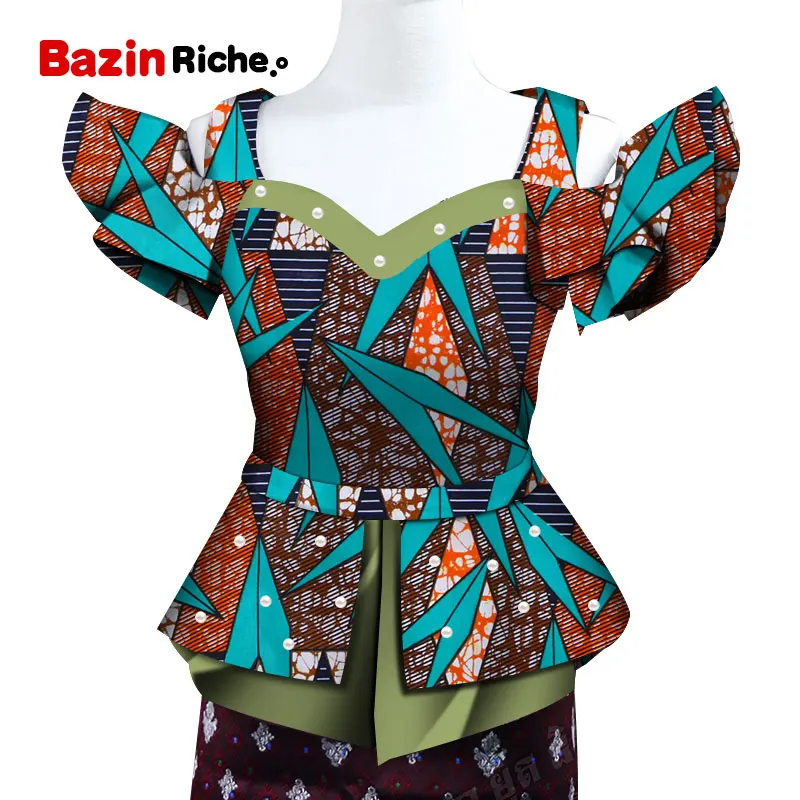 Fashion Shirt African Print Top for Women Bazin Riche Pearls Double Ruffles Top Cotton Dashiki African Clothing WY5096