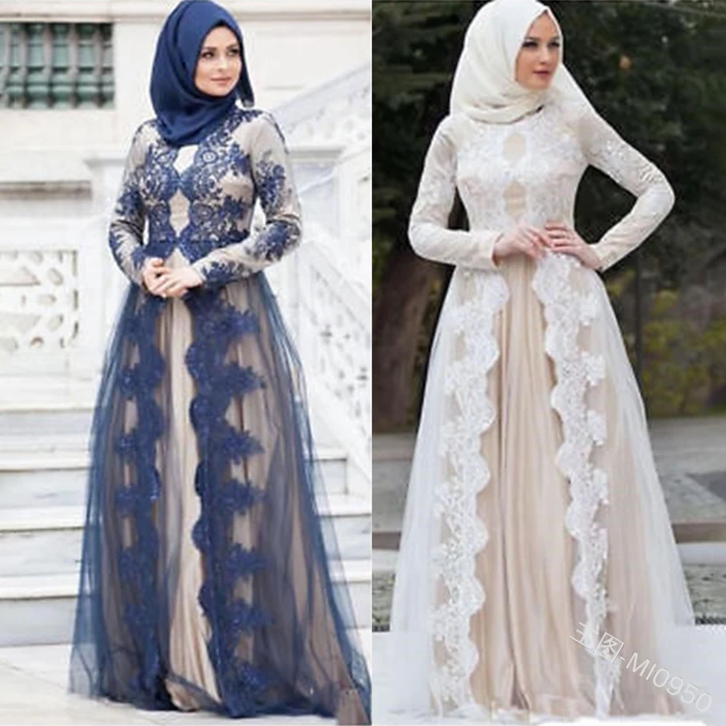 

Siskakia Muslim Mesh lace Stitching Abaya Dress Women long-sleeved A Line Dresses Evening Party Wears White Dubai Turkey Arabian