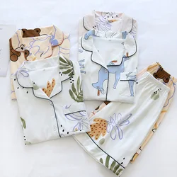 New Summer 100% Cotton Ladies Pajamas Two-piece Knit Short-sleeved Shorts Thin Cute Cartoon Home Service Set for Women Plus Size