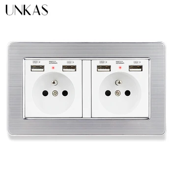 

UNKAS 2 Gang French Standard Wall Socket Stainless Steel Panel With 4 USB Charge Port Hidden Soft LED Indicator 146MM * 86MM