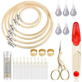 

Cross Stitch Tool Embroidery Starter Kit,Bamboo Sewing Ring,Vintage Scissors,Stitch Needle Thread Tool Sewing Embroidery