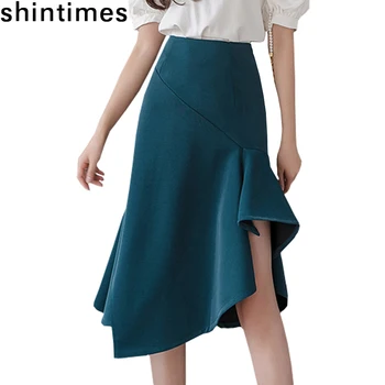 

shintimes Irregular Fishtail Skirts Women Clothing Sexy Woman Skirts High Waist Ruffles Blue Skirt Summer Wrap Skirt 2020 Faldas