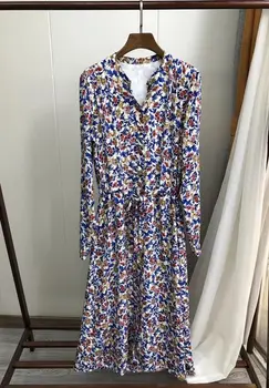 

Women Dress Arab Casual Dress Vintage Print Long Sleeve Vine Flower Midi Dress