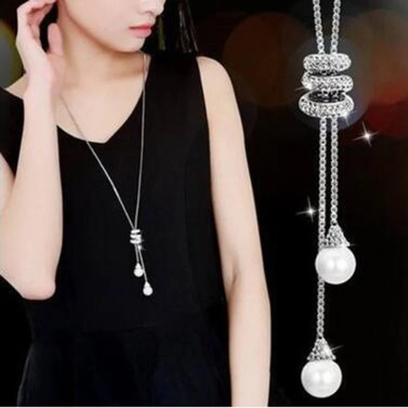 

Silver Gold Colors Long Tassel Rhinestone Crystal Pearl Pendant Necklace Long Sweater Chain Women Girls Charm Party Wedding Gift