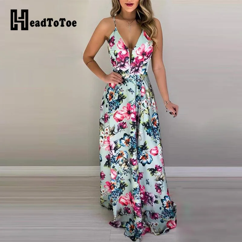 

Floral Print Women Spaghetti Strap Maxi Long Dress