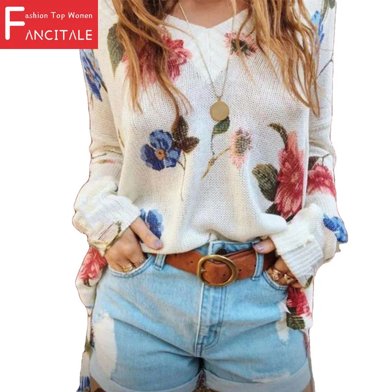 

New Fashion Flower Print Women Sweatshirt Long-Sleeved Casual Ladies Tops Autumn Fall Spring Teens Pullover V-Neck Sexy 5XL
