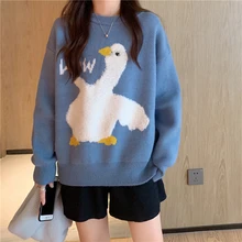 

Women Sweet Loose Fashion Casual Korean O Neck Long Sleeve Pullover Cartoon Goose Print Knitted Sweater Female Elastic Knitwear