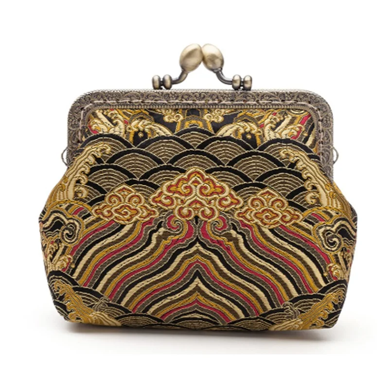 Черный Chinese style Coin Purse Women Lady Retro Vintage Silk Brocade Small Wallet Hasp Printing sea wave Clutch Bag Good Gift - Цвет: Черный