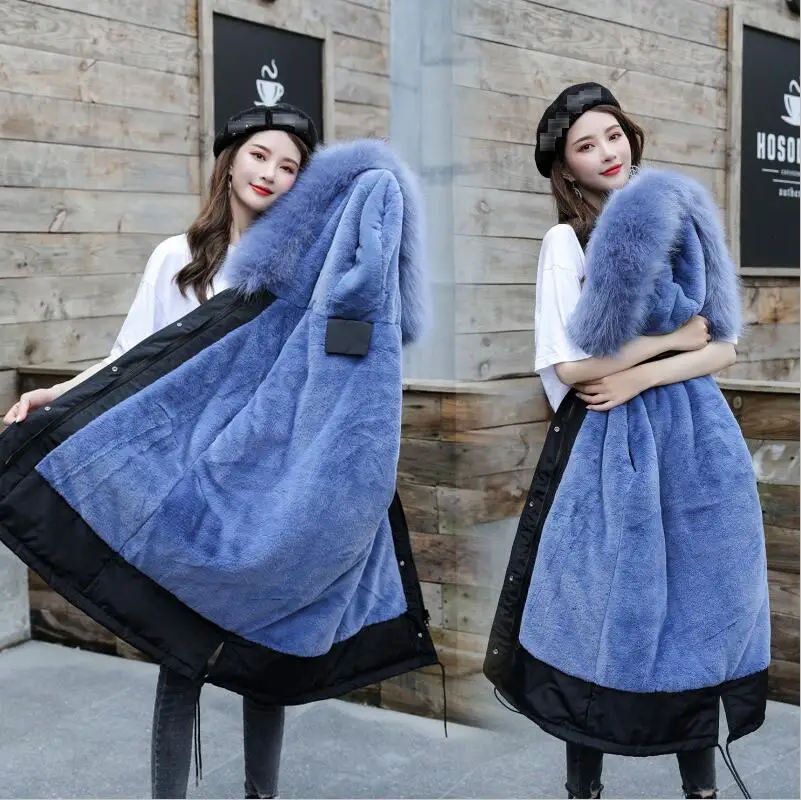 Blue 30 градусов, одежда для снежной погоды Длинные парки зимняя куртка Для женщин с меховым капюшоном Костюмы женский Меховая подкладка Толстое Зимнее пальто Для женщин - Цвет: Blue