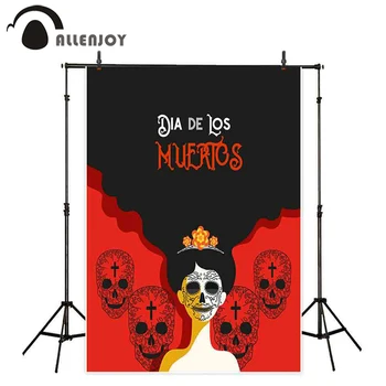 

Allenjoy Day of the Dead Theme Party Background Women Skulls Black and Red Banner Decoration Dress up Events Photocall Backdrops