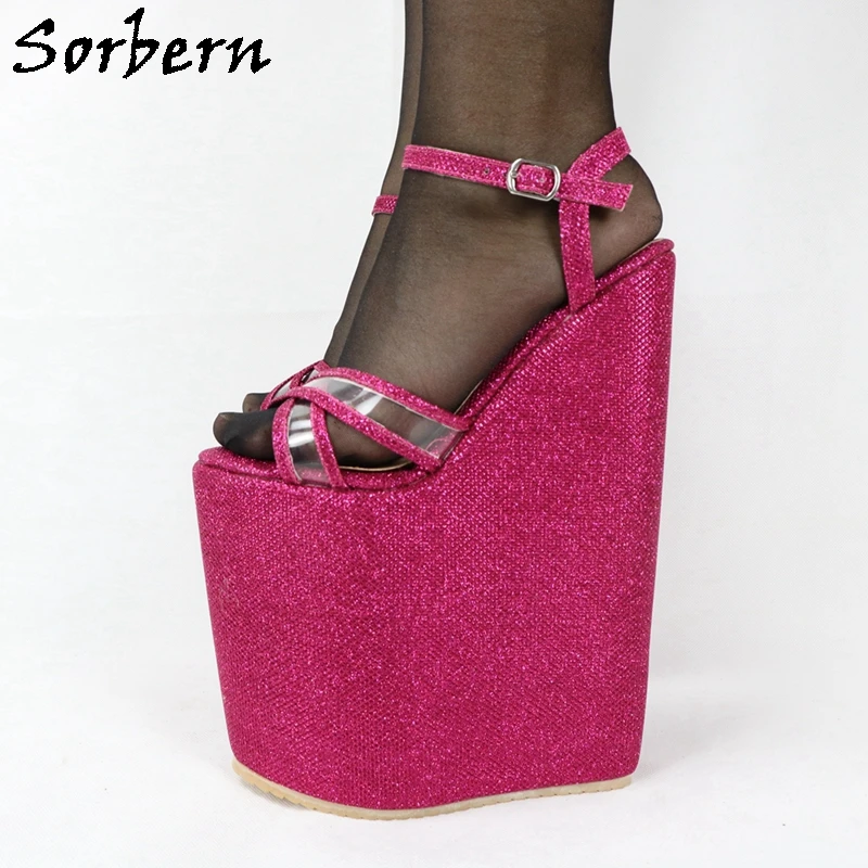 Sorbern fucsia Glitter donna sandalo Slingback scarpe estive zeppe  piattaforma spessa e. Drag Queen scarpe Sissy Boy Heel - AliExpress Shoes