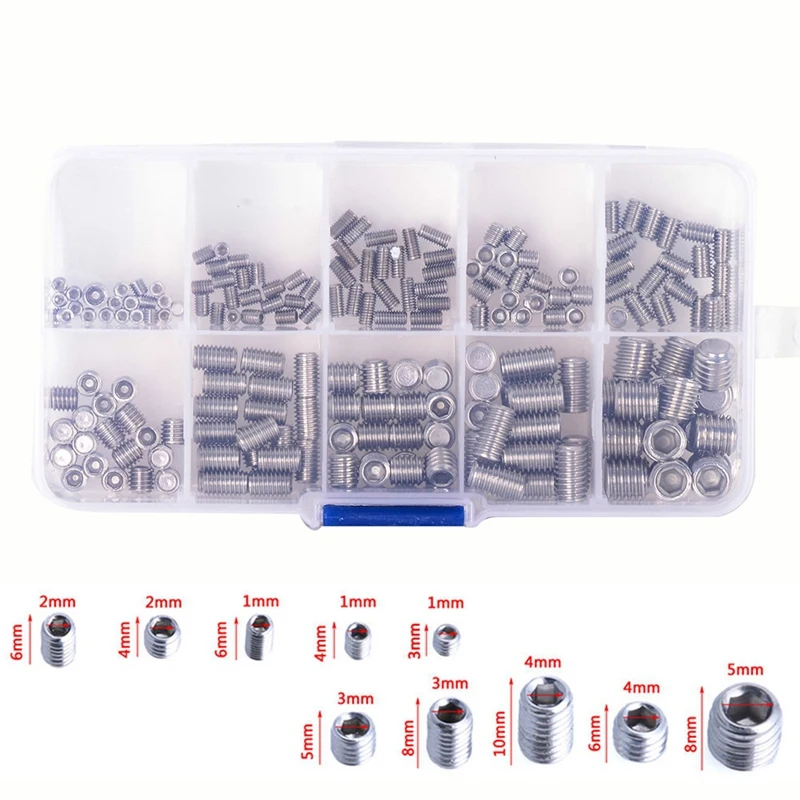 

200Pcs 304 Stainless Steel Grub Screws Hex Socket Screw Assortment Kit Set M3/M4/M5/M6/M8