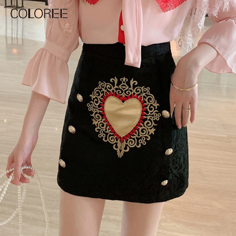 

COLOREE 2020 Vintage Gold Heart Embroidered Women Mini Skirt High Waist Buttons Jacquard Black Skirt For Female New Fashion