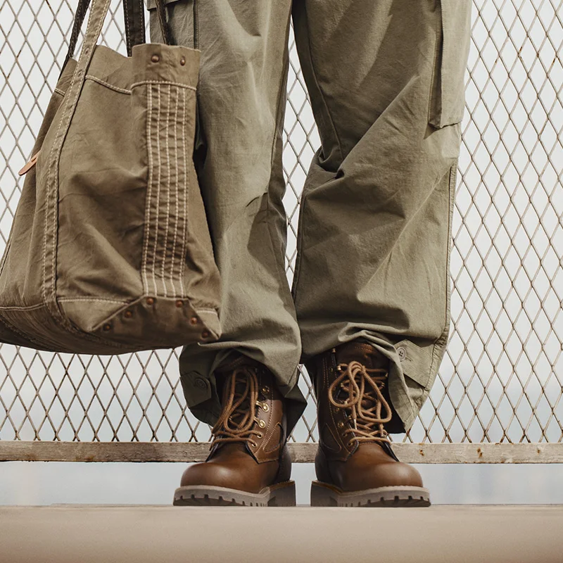 Maden Men's Genuine Leather Desert Boots Mid Retro High Street Martin Boots British Combat Boots Work & Safe Motorcycle Boot