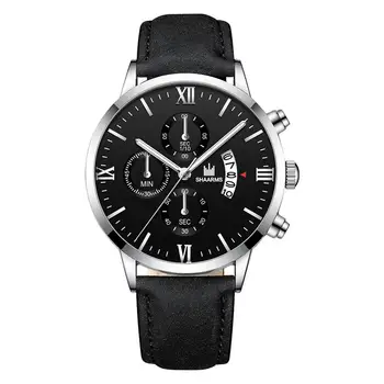 

Fashion Men Black Date Watch Roman Numerals Wristwatch Male Men Black Leather Band Watches Date Clock Relogio Masculino