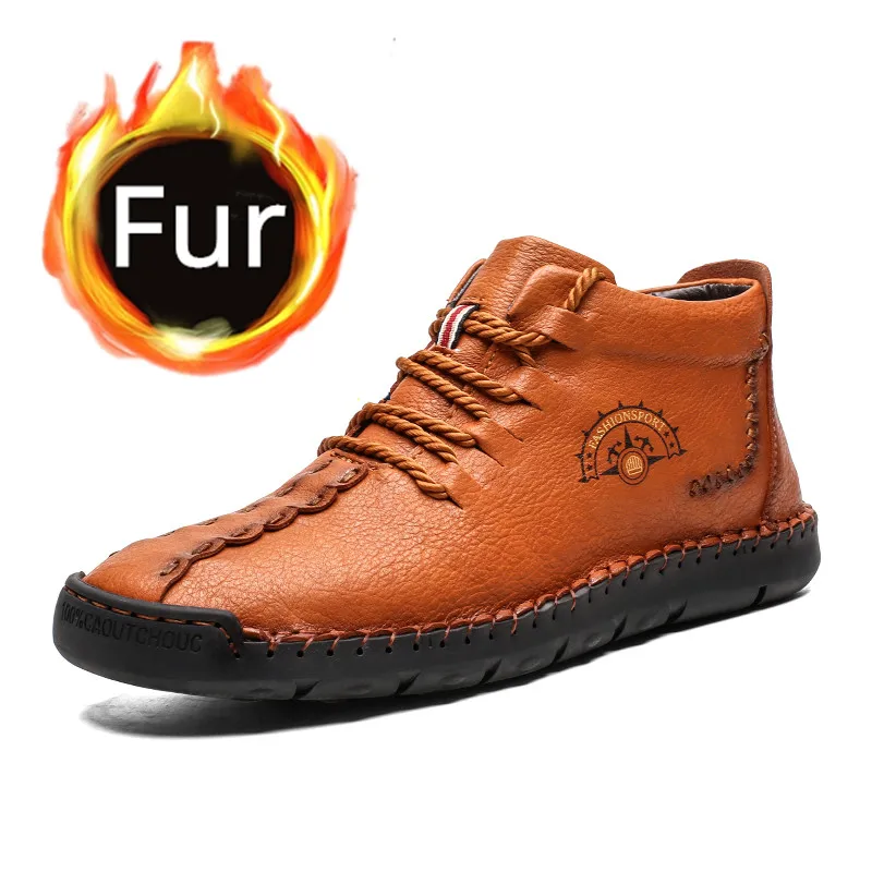 Brown Fur Лидер продаж; мужские ботинки; теплые зимние ботинки из натуральной кожи; высококачественные ботильоны; повседневная мужская обувь; кроссовки; большой размер 50 - Цвет: Brown Fur