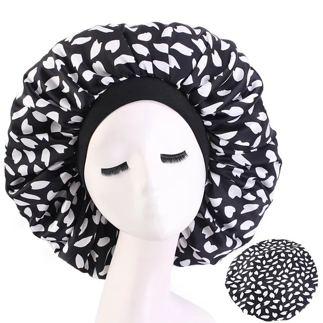 New Women Big Size Beauty print Satin Silky Bonnet Sleep Night Cap Head Cover Bonnet Hat for For Curly Springy Hair Black 408B Black White dot