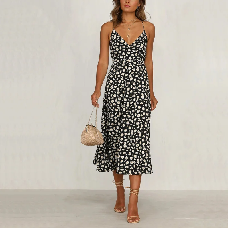Летнее женское платье Повседневное на бретелях с цветочным принтом и