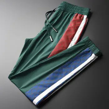 

2020 summer light and silky men's casual pants side contrast printing drawstring elastic waist close sports nine-point pants men