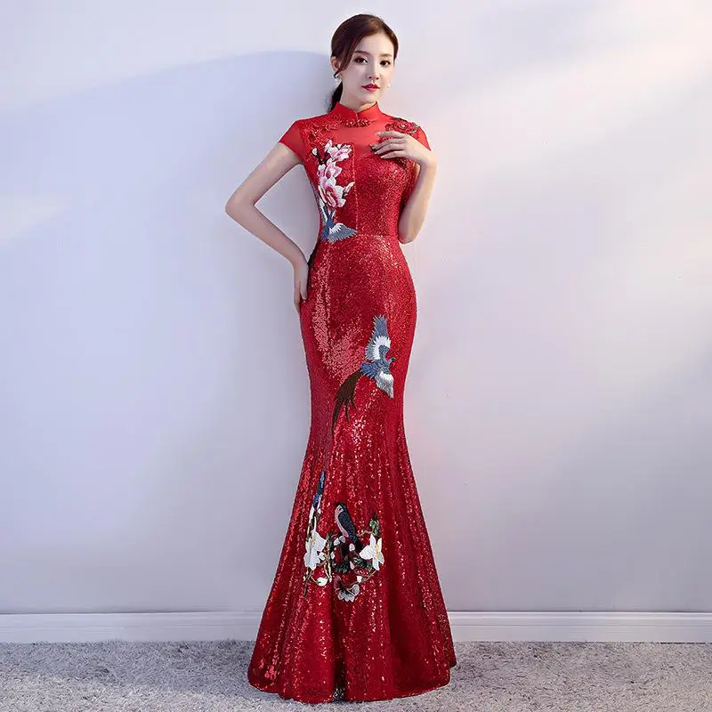 Серое Женское вечернее платье Cheongsam для свадебной вечеринки элегантное платье для выпускного вечера длинное бальное платье в стиле ретро Vestido S-3XL - Цвет: Красный