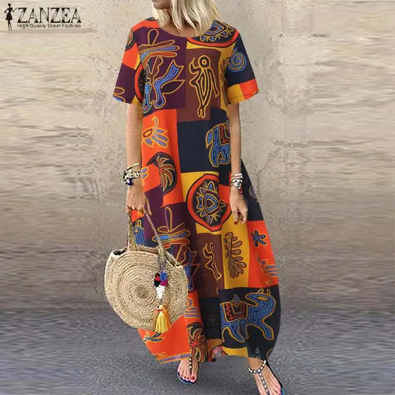 

ZANZEA Plus Size Women Bohemian Dress Vintage Patchwork Print Dresses Cotton Linen Long Maxi Vestidos Casual Pockets Robe Femme