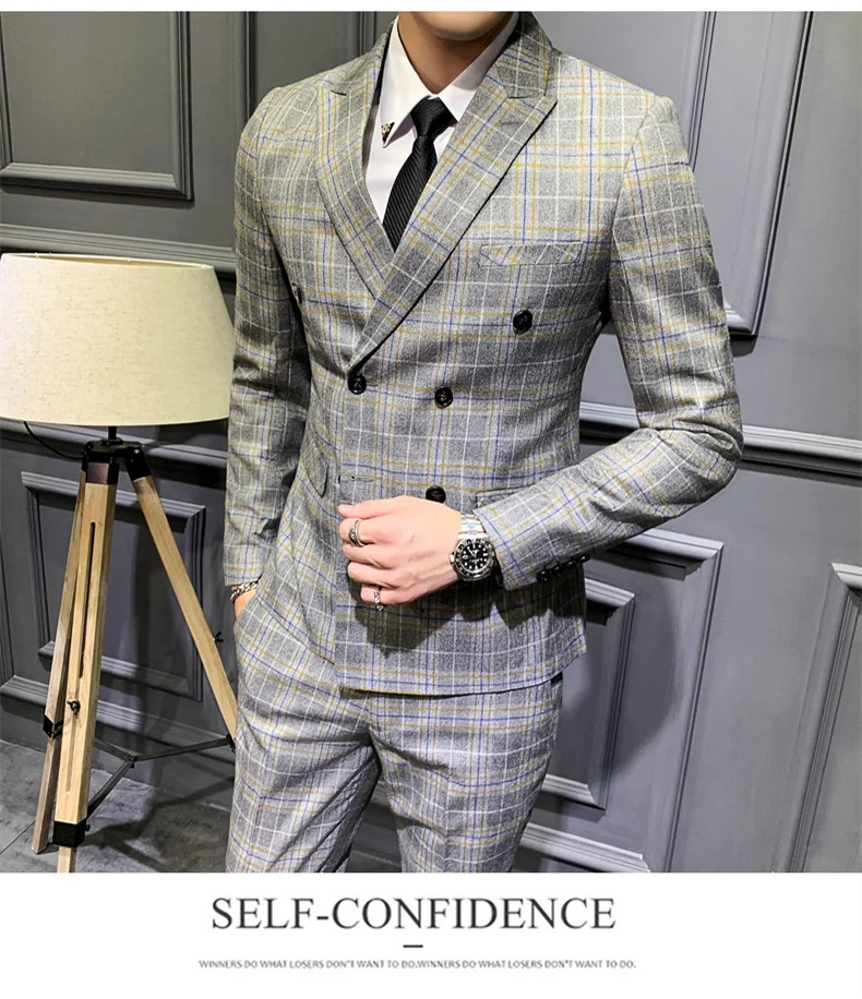 Черный, серый, синий клетчатый костюм для мужчин Slim Fit Свадебное платье для мужчин из трех частей s двойные приталенные пиджаки сценическое элегантное платье Q763