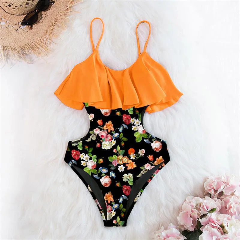 Сексуальный сдельный купальник женский купальник цветочный Монокини Купальный костюм с пуш-ап Мягкий боди летняя пляжная одежда для женщин - Цвет: Orange