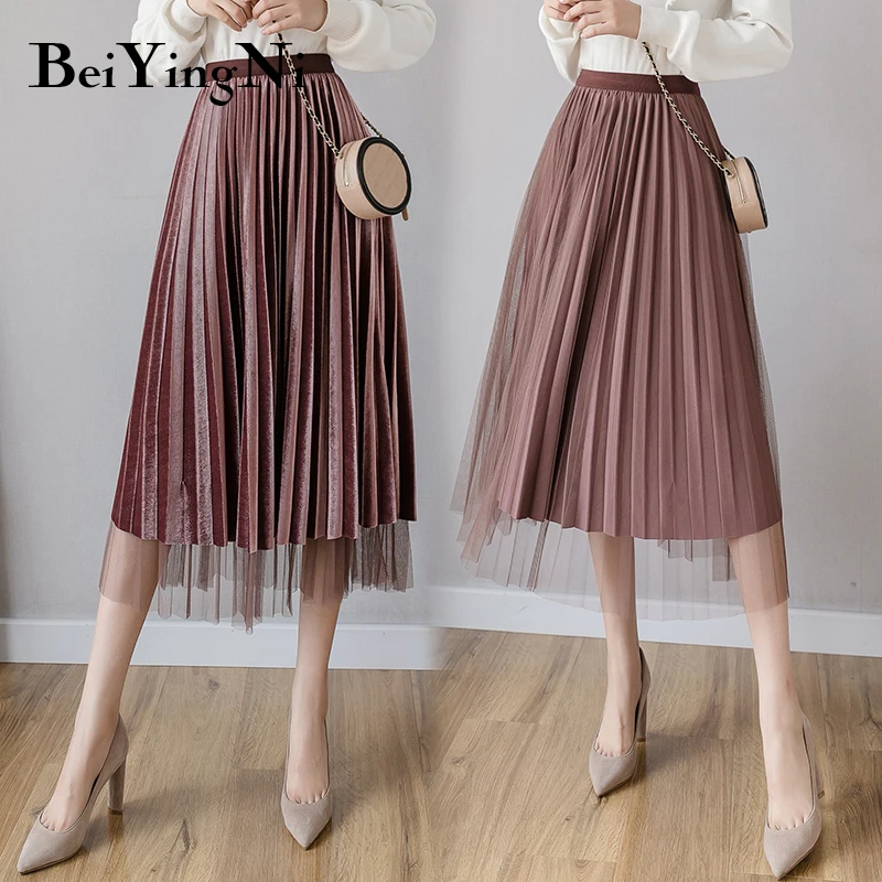 

Beiyingni New Fashion Mesh Women Skirt Gold Velvet Patchwork Elastic High Waist Skirts Womens Harajuku Warm Midi Pleated Skirt