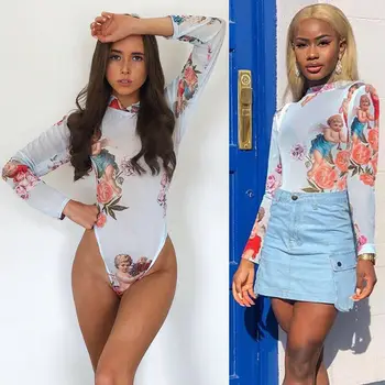 

Woman Mesh Sheer Skinny Bodysuit Floral The angel Printed See Through Romper Long Sleeve Turtleneck Bodycon Bodysuit