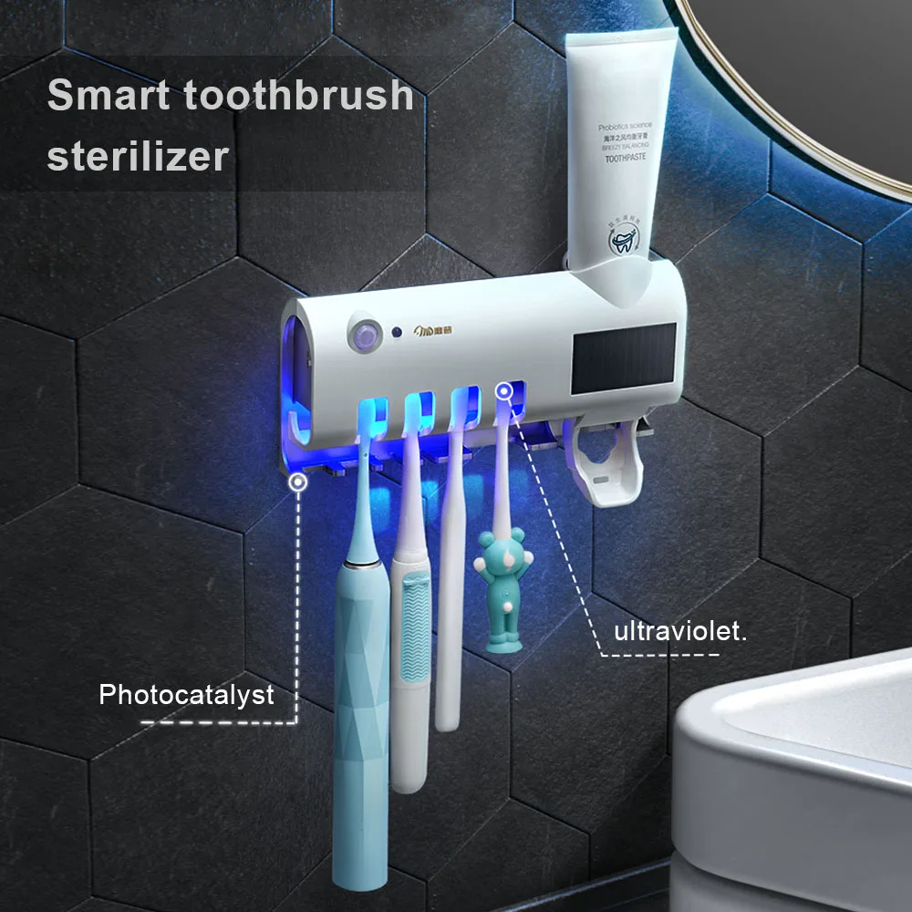 

UV Toothbrush Holder Toothpaste Dispenser Solar Energy Bathroom Toothbrush Storage Box Multi-function Storage Holder USB Charge