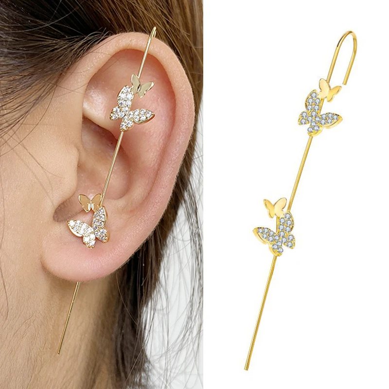 SEVENSTONE Butterfly Tassel Earrings Silver Cuff Cubic Zirconia Crawler Stud Chain Crystals Earrings Set for Women 