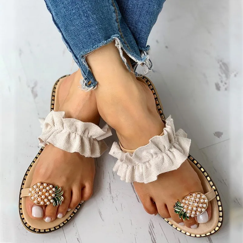 

SHUJIN Women Summer Flat Sandals 2019 Pearl Spilt Toe slip on Flip Flops Pineapple summer Beach Slides Casual Shoes Slipper