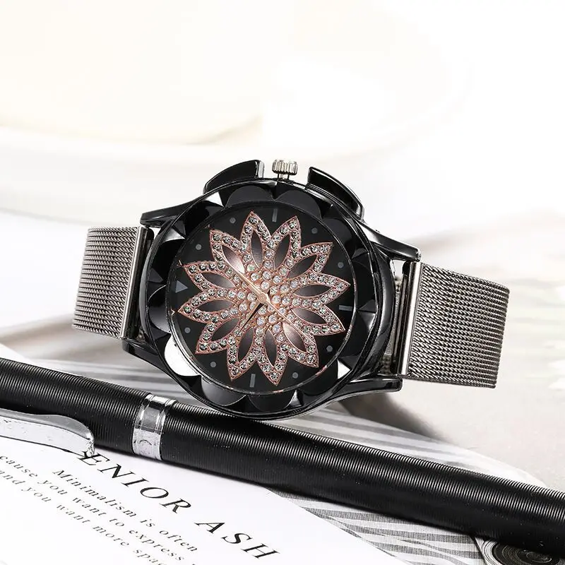 

Simple Silver Mesh Belt Watch Flower Pattern Women's Black Shell Surface Women's Quartz Watch Students