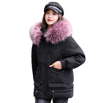 

Plus Size 4XL Winter Coat Thick Loose Big Fur Collar Cotton Down Jacket Women Hooded Short Parkas Female Casual Oversize Outwear