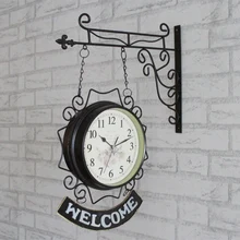 Reloj de pared de Metal de dos lados, relojes de doble cara para sala de estar silenciosa, reloj de pared americano de campana de hierro, decoración Mural de Horloge SC254